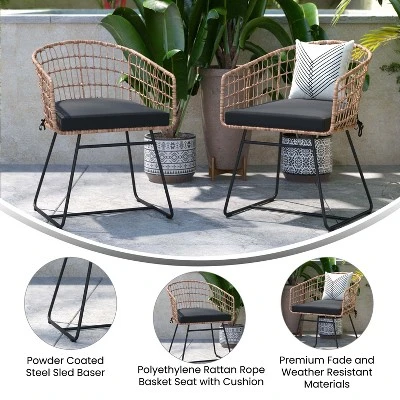 Flash Furniture Devon Set Of 2 Indoor/Outdoor Patio Boho Club Chairs, Rope With PE Wicker Rattan, Cushions And Sled Base 7 Flash Furniture Devon Set Of 2 Indoor/Outdoor Patio Boho Club Chairs, Rope With PE Wicker Rattan, Cushions And Sled Base - Image 5