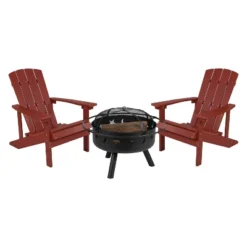 Flash Furniture 3 Piece Charlestown Poly Resin Wood Adirondack Chair Set With Fire Pit - Star And Moon Fire Pit With Mesh Cover -Flash Furniture GUEST 0a259dac bf09 4b90 9458 d49bdb4d6ac2