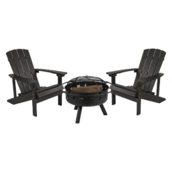 Flash Furniture 3 Piece Charlestown Poly Resin Wood Adirondack Chair Set With Fire Pit - Star And Moon Fire Pit With Mesh Cover -Flash Furniture GUEST 0b43c147 6e55 4842 96c6 9312a14a10ea