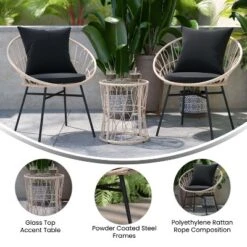 Flash Furniture Devon 3-Piece Indoor/Outdoor Bistro Set, Papasan Style Rattan Rope Chairs, Glass Top Side Table & Cushions -Flash Furniture GUEST 12f2c278 4572 43a7 a59c 724759e99cd3