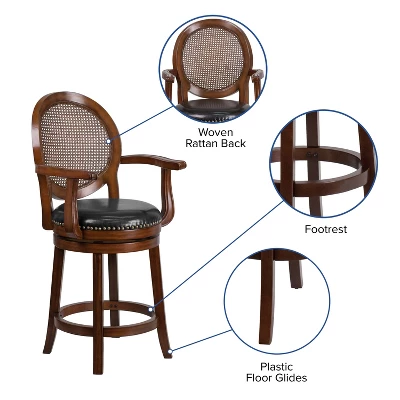 Flash Furniture 26'' High Expresso Wood Counter Height Stool With Arms, Woven Rattan Back And Black LeatherSoft Swivel Seat 4 Flash Furniture 26'' High Expresso Wood Counter Height Stool With Arms, Woven Rattan Back And Black LeatherSoft Swivel Seat - Image 2