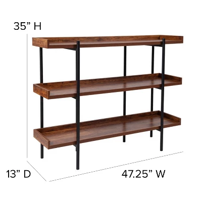 Flash Furniture Mayfair 3 Shelf 35"H Storage Display Unit Bookcase With Black Metal Frame In Rustic Wood Grain Finish 5 Flash Furniture Mayfair 3 Shelf 35"H Storage Display Unit Bookcase With Black Metal Frame In Rustic Wood Grain Finish - Image 3