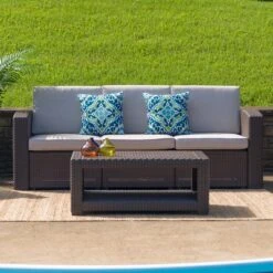 Flash Furniture Chocolate Brown Faux Rattan Sofa With All-Weather Beige Cushions