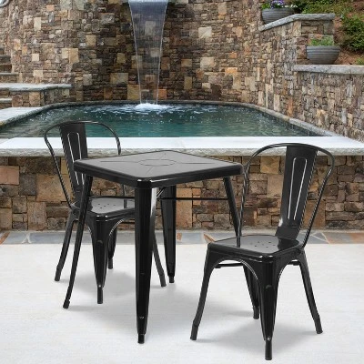 Flash Furniture Commercial Grade 23.75" Square Metal Indoor-Outdoor Table Set With 2 Stack Chairs 8 Flash Furniture Commercial Grade 23.75" Square Metal Indoor-Outdoor Table Set With 2 Stack Chairs - Image 6