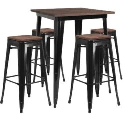 Flash Furniture 31.5" Square Metal Bar Table Set With Wood Top And 4 Backless Stools