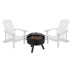 Flash Furniture 3 Piece Charlestown Poly Resin Wood Adirondack Chair Set With Fire Pit - Star And Moon Fire Pit With Mesh Cover -Flash Furniture GUEST 28c0f3af 11f6 4a8b 8c3b 857b436267d4