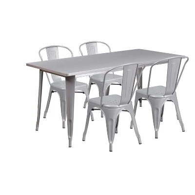 Flash Furniture Commercial Grade 31.5" X 63" Rectangular Metal Indoor-Outdoor Table Set With 4 Stack Chairs 8 Flash Furniture Commercial Grade 31.5" X 63" Rectangular Metal Indoor-Outdoor Table Set With 4 Stack Chairs - Image 6