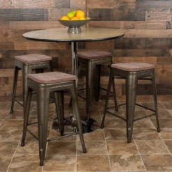 Flash Furniture 24" High Metal Counter-Height, Indoor Bar Stool With Wood Seat - Stackable Set Of 4