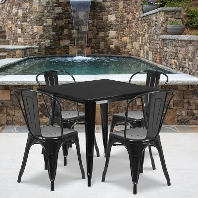 Flash Furniture Commercial Grade 31.5" Square Metal Indoor-Outdoor Table Set With 4 Stack Chairs 3 Flash Furniture Commercial Grade 31.5" Square Metal Indoor-Outdoor Table Set With 4 Stack Chairs