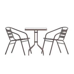 Flash Furniture Lila 23.5'' Square Glass Metal Table With 2 Metal Aluminum Slat Stack Chairs -Flash Furniture GUEST 47995460 7dae 4a35 a2f0 92a34a022bc7