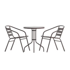 Flash Furniture Lila 23.75'' Round Glass Metal Table With 2 Metal Aluminum Slat Stack Chairs -Flash Furniture GUEST 4ffc0ba1 fe30 434c b960 40dd16a3324d