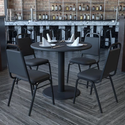 Flash Furniture 36'' Round Laminate Table Set With X-Base And 4 Trapezoidal Back Banquet Chairs 3 Flash Furniture 36'' Round Laminate Table Set With X-Base And 4 Trapezoidal Back Banquet Chairs
