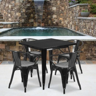 Flash Furniture Commercial Grade 31.5" Square Metal Indoor-Outdoor Table Set With 4 Arm Chairs 3 Flash Furniture Commercial Grade 31.5" Square Metal Indoor-Outdoor Table Set With 4 Arm Chairs