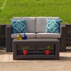 Flash Furniture Chocolate Brown Faux Rattan Loveseat With All-Weather Beige Cushions