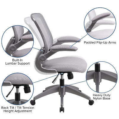 Flash Furniture Mid-Back Mesh Swivel Ergonomic Task Office Chair With Gray Frame And Flip-Up Arms 4 Flash Furniture Mid-Back Mesh Swivel Ergonomic Task Office Chair With Gray Frame And Flip-Up Arms - Image 2