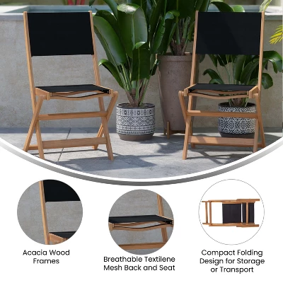 Flash Furniture 2PK All-Weather Acacia Wood Folding Bistro Chairs-Mesh Back/Seat-Natural/Black 7 Flash Furniture 2PK All-Weather Acacia Wood Folding Bistro Chairs-Mesh Back/Seat-Natural/Black - Image 5