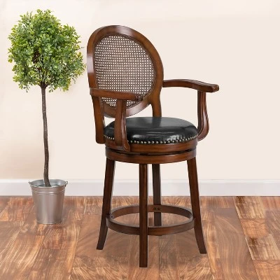 Flash Furniture 26'' High Expresso Wood Counter Height Stool With Arms, Woven Rattan Back And Black LeatherSoft Swivel Seat 3 Flash Furniture 26'' High Expresso Wood Counter Height Stool With Arms, Woven Rattan Back And Black LeatherSoft Swivel Seat