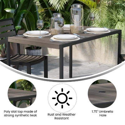 Flash Furniture Lark Outdoor Dining Table With Synthetic Gray Wash Teak Poly Slats - 30" X 48" Steel Framed Restaurant Table With Umbrella Holder Hole 6 Flash Furniture Lark Outdoor Dining Table With Synthetic Gray Wash Teak Poly Slats - 30" X 48" Steel Framed Restaurant Table With Umbrella Holder Hole - Image 4