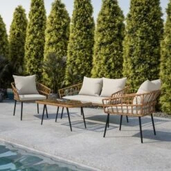 Flash Furniture Evin Boho 4 Piece Indoor/Outdoor Rope Rattan Patio Conversation Set With Tempered Glass Top Coffee Table And Cushions -Flash Furniture GUEST 767ef88f e096 4079 a33b ae845fcf7cd8