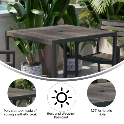 Flash Furniture Lark Outdoor Dining Table With Synthetic Gray Wash Teak Poly Slats - 35" Square Steel Framed Restaurant Table With Umbrella Hole 5 Flash Furniture Lark Outdoor Dining Table With Synthetic Gray Wash Teak Poly Slats - 35" Square Steel Framed Restaurant Table With Umbrella Hole - Image 3