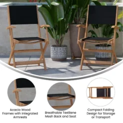 Flash Furniture 2PK All-Weather Acacia Wood And Mesh Folding Bistro Armchairs - Natural/Black -Flash Furniture GUEST 7aa3be85 c6f2 4931 b1fb e079653b5759
