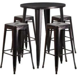 Flash Furniture Commercial Grade 30" Round Metal Indoor-Outdoor Bar Table Set With 4 Square Seat Backless Stools -Flash Furniture GUEST 889b794f 9ba6 4e91 a747 010677da02ed