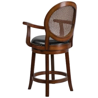 Flash Furniture 26'' High Expresso Wood Counter Height Stool With Arms, Woven Rattan Back And Black LeatherSoft Swivel Seat 8 Flash Furniture 26'' High Expresso Wood Counter Height Stool With Arms, Woven Rattan Back And Black LeatherSoft Swivel Seat - Image 6