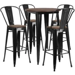 Flash Furniture 30" Round Metal Bar Table Set With Wood Top And 4 Stools