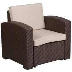 Flash Furniture 4 Piece Outdoor Faux Rattan Chair, Sofa And Table Set In Chocolate Brown -Flash Furniture GUEST 94962c00 fe81 4c01 8dd4 73fe022d6503