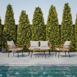 Flash Furniture Evin Boho 4 Piece Indoor/Outdoor Rope Rattan Patio Conversation Set With Tempered Glass Top Coffee Table And Cushions