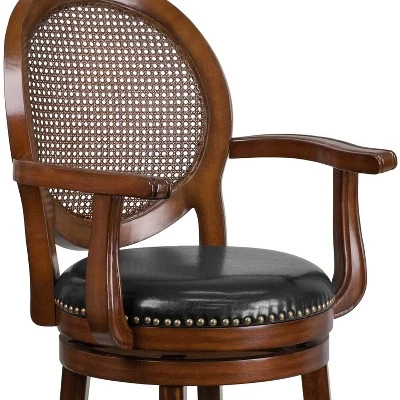 Flash Furniture 26'' High Expresso Wood Counter Height Stool With Arms, Woven Rattan Back And Black LeatherSoft Swivel Seat 6 Flash Furniture 26'' High Expresso Wood Counter Height Stool With Arms, Woven Rattan Back And Black LeatherSoft Swivel Seat - Image 4