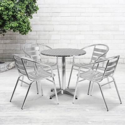 Flash Furniture Lila 27.5'' Round Aluminum Indoor-Outdoor Table Set With 4 Slat Back Chairs 3 Flash Furniture Lila 27.5'' Round Aluminum Indoor-Outdoor Table Set With 4 Slat Back Chairs