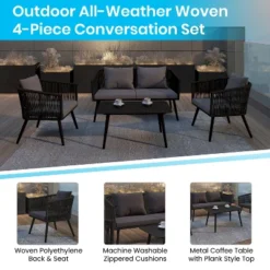 Flash Furniture Kierra Black All-Weather 4-Piece Woven Conversation Set With Gray Zippered Removable Cushions & Metal Coffee Table -Flash Furniture GUEST ac9e041b f645 4bc7 b90d a44f805b6b4e