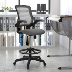 Flash Furniture 29 Flash Furniture Mid-Back Mesh Ergonomic Drafting Chair With Adjustable Foot Ring And Flip-Up Arms