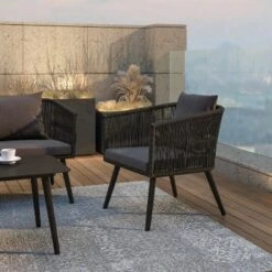 Flash Furniture Kierra Black All-Weather 4-Piece Woven Conversation Set With Gray Zippered Removable Cushions & Metal Coffee Table -Flash Furniture GUEST b7275fe5 78fe 4c6f abf5 689d1eeec704