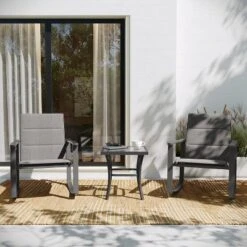 Flash Furniture Brazos 3 Piece Outdoor Rocking Chair Bistro Set With Flex Comfort Material And Metal Framed Glass Top Table