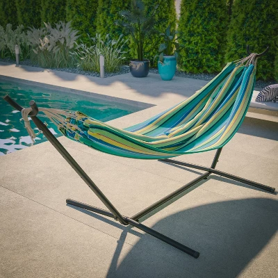 Flash Furniture Lola 2 Person Hammock With Stand And Premium Carry Bag, Cotton Hammock With Space Saving Steel Stand, 450 LBS. Static Weight Capacity 4 Flash Furniture Lola 2 Person Hammock With Stand And Premium Carry Bag, Cotton Hammock With Space Saving Steel Stand, 450 LBS. Static Weight Capacity - Image 2