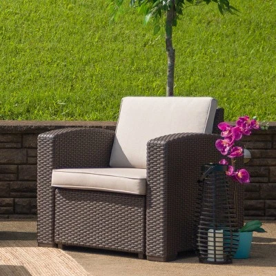 Flash Furniture Chocolate Brown Faux Rattan Chair With All-Weather Beige Cushion 3 Flash Furniture Chocolate Brown Faux Rattan Chair With All-Weather Beige Cushion