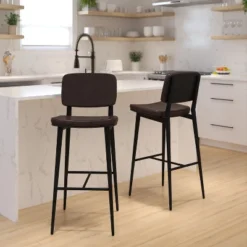 Flash Furniture Kenzie Commercial Grade Mid-Back Barstools - LeatherSoft Upholstery - Iron Frame With Integrated Footrest - Set Of 2