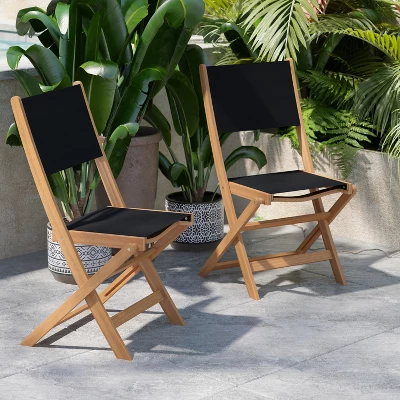 Flash Furniture 2PK All-Weather Acacia Wood Folding Bistro Chairs-Mesh Back/Seat-Natural/Black 5 Flash Furniture 2PK All-Weather Acacia Wood Folding Bistro Chairs-Mesh Back/Seat-Natural/Black - Image 3