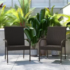 Flash Furniture Maxim Indoor/Outdoor Wicker Dining Chairs With Fade & Weather-Resistant Steel Frames For Patio And Deck