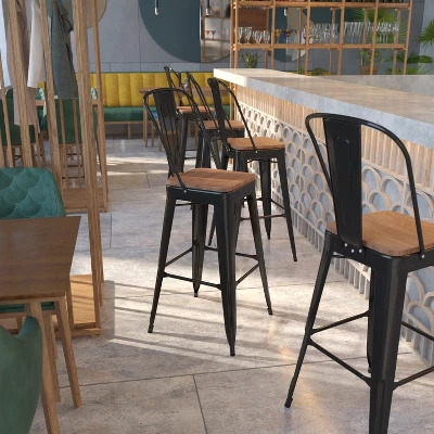 Flash Furniture 30" High Metal Barstool With Back And Wood Seat 3 Flash Furniture 30" High Metal Barstool With Back And Wood Seat