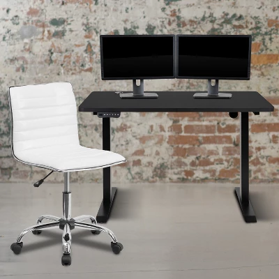 Flash Furniture 48" Wide Black Electric Height Adjustable Standing Desk With Designer Armless White Ribbed Swivel Task Office Chair 3 Flash Furniture 48" Wide Black Electric Height Adjustable Standing Desk With Designer Armless White Ribbed Swivel Task Office Chair