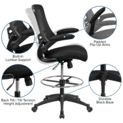 Flash Furniture Mid-Back Black Mesh Ergonomic Drafting Chair With Adjustable Foot Ring And Flip-Up Arms -Flash Furniture GUEST ea646891 4791 4ad9 acf8 7773ecefdda0
