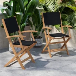 Flash Furniture 2PK All-Weather Acacia Wood And Mesh Folding Bistro Armchairs - Natural/Black -Flash Furniture GUEST ede39cce 3650 4925 886b 977b0a1c586d