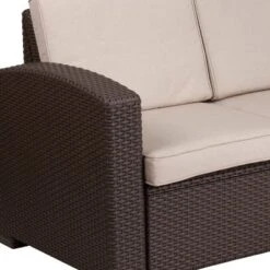 Flash Furniture Chocolate Brown Faux Rattan Loveseat With All-Weather Beige Cushions -Flash Furniture GUEST f19d1f70 9451 44d7 8dc9 94b4250c7f6b