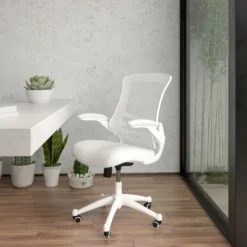 Flash Furniture Mid-Back White Mesh Swivel Ergonomic Task Office Chair With White Frame And Flip-Up Arms