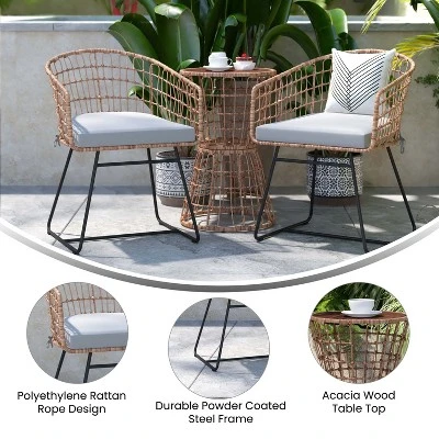 Flash Furniture Devon 3-Piece Patio Bistro Set, Indoor/Outdoor Rattan Rope Chairs, Acacia Wood Top Table & Seat Cushions 7 Flash Furniture Devon 3-Piece Patio Bistro Set, Indoor/Outdoor Rattan Rope Chairs, Acacia Wood Top Table & Seat Cushions - Image 5